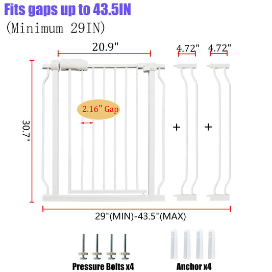 Walk Through Baby Gate 29-43.5 Inch Wide for Stairs Tension Pet Dog Gates Indoor for Doorways No Drilling Pressure Mounted Pet Gates for Kids