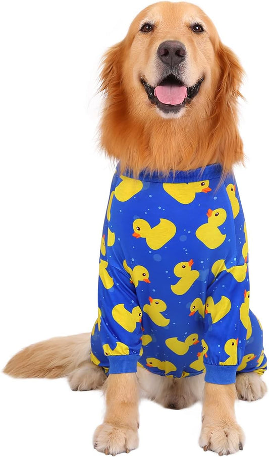 HDE Dog Pajamas One Piece Jammies Jumpsuit Pet Clothes Outfit Stretchy Lightweight Comfy Shirt Pjs for M-3XL Dogs Ducks Blue - XXL