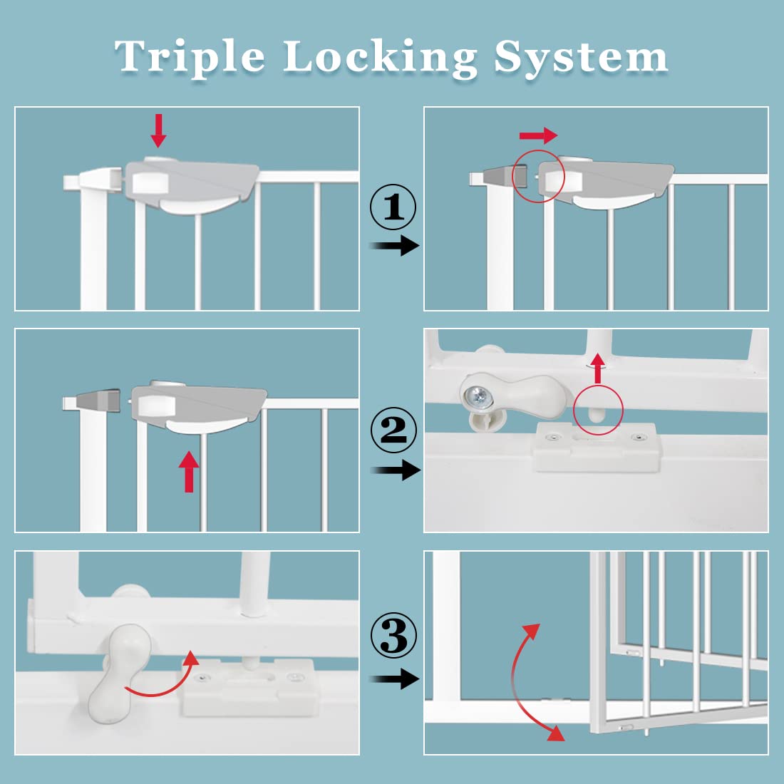 WAOWAO Triple Lock Baby Gate Extra Wide 31.1-35.04" Pressure Mounted Walk Through Swing Auto Close Safety White Metal Dog Pet Puppy for Stairs,Doorways,Kitchen