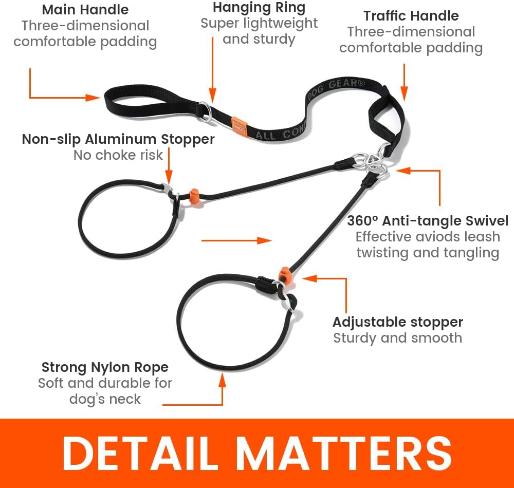 Howgo Double Slip Leash Slip Lead with Two Handles| Dual Dog Slip Lead for 2 Dogs,360° Swivel No Tangle | Dog Training Collar | Double Clip Leash Coupler and Splitter (Multicolor, 6FT)