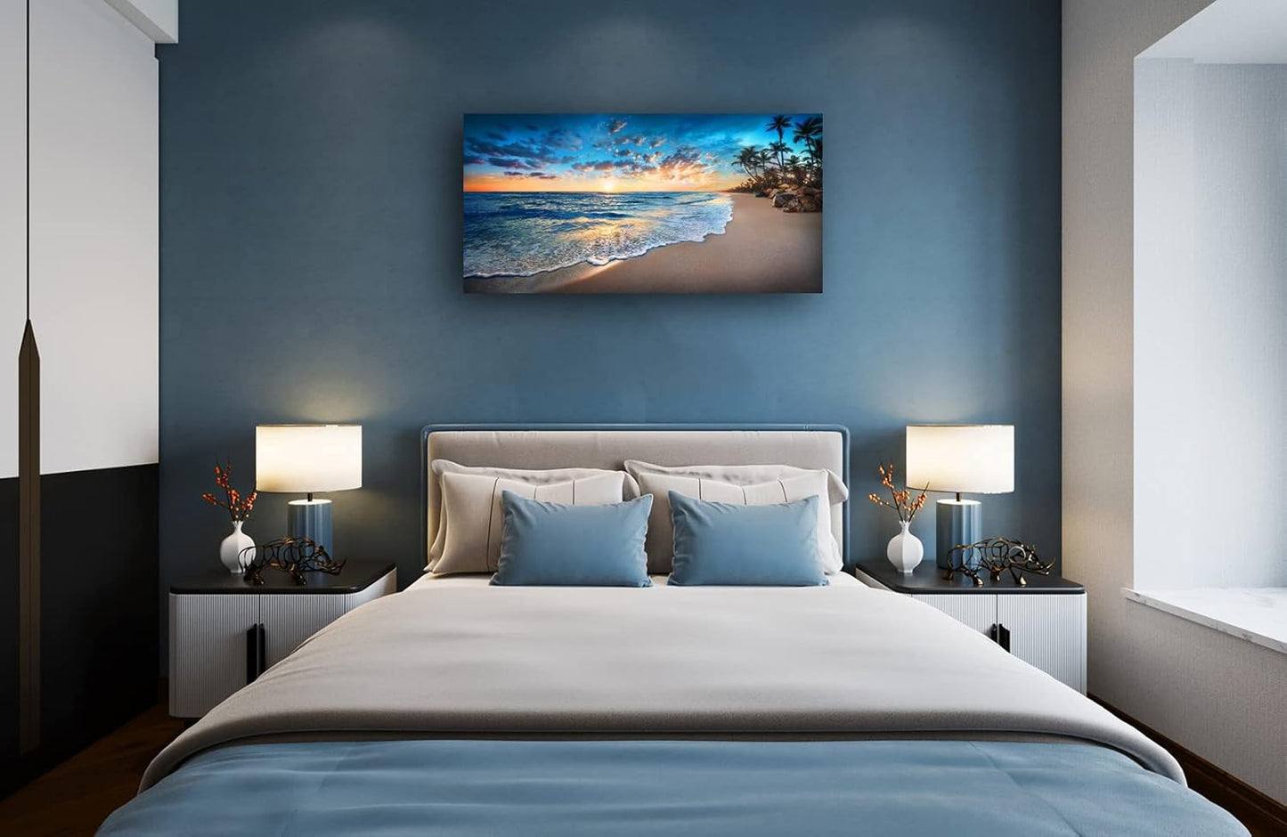 Jiuqinghua Canvas Prints Wall Art Blue Beach Ocean Landscape Paintings 1 panel Sunset Sea Waves Wall Decor Pictures Stretched and Framed for Living Room Bedroom and Office Decor Artwork 24x48inch