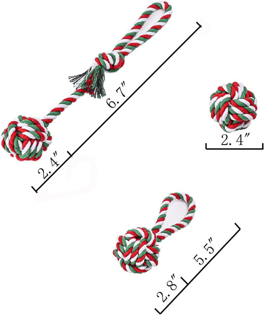 Chew Toys for Small and Medium Dogs - Teeth Cleaning, Gum Massage, Boredom Relief - Christmas Ball Rope Toy Set of 4