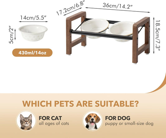 5.5inch Ceramic Adjustable Raised Double Bowls Set with Stand, 3 Heights Elevated, 2 Placement Options,Food and Water Dishes for Puppy, Cats（Double Bowls+Stand, Reactived Glaze -White