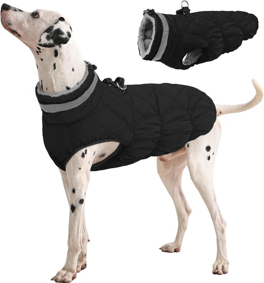 FUAMEY Dog Coat for Large Dogs,Waterproof Dog Winter Jacket with Harness Built in Puppy Cold Weather Coats Reflective Pet Vest with Zipper Warm Fleece Dogs Snowsuit Windproof Solid Black L
