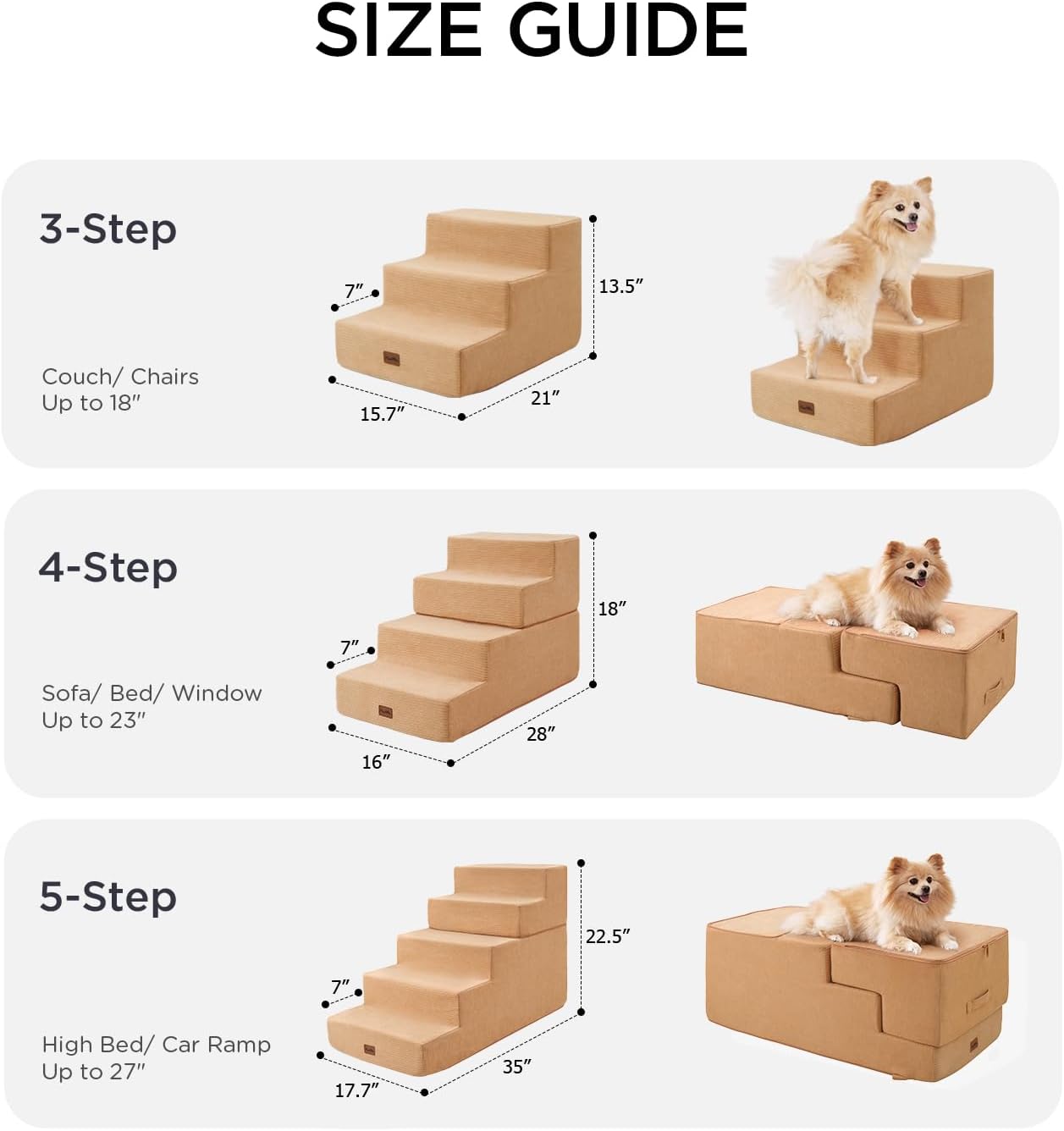 Made4Pets Dog Stairs for High Bed, Extra Wide Pet Stairs for Bed Couch Sofa, 35D Foam Pet Steps for Small Dogs and Cats, Non-Slip Bottom Dog Steps, Tan, 5 Steps