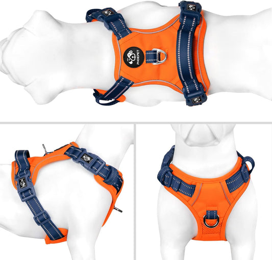PHOEPET No Pull Dog Harness, Unique Colors Reflective Adjustable Dog Vest, with Soft Training Handle Metal Clips for Small Medium Large Dogs (Orange Base & Blue Straps,XL)