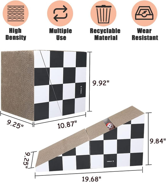 Cat Scratching Board with Ball, Triangle Cat Scratching Cardboard, Multiple Scratching Angles, 2-in-1 Scratching Lounge Bed, Recyclable and Durable, Furniture Protector, Black and White