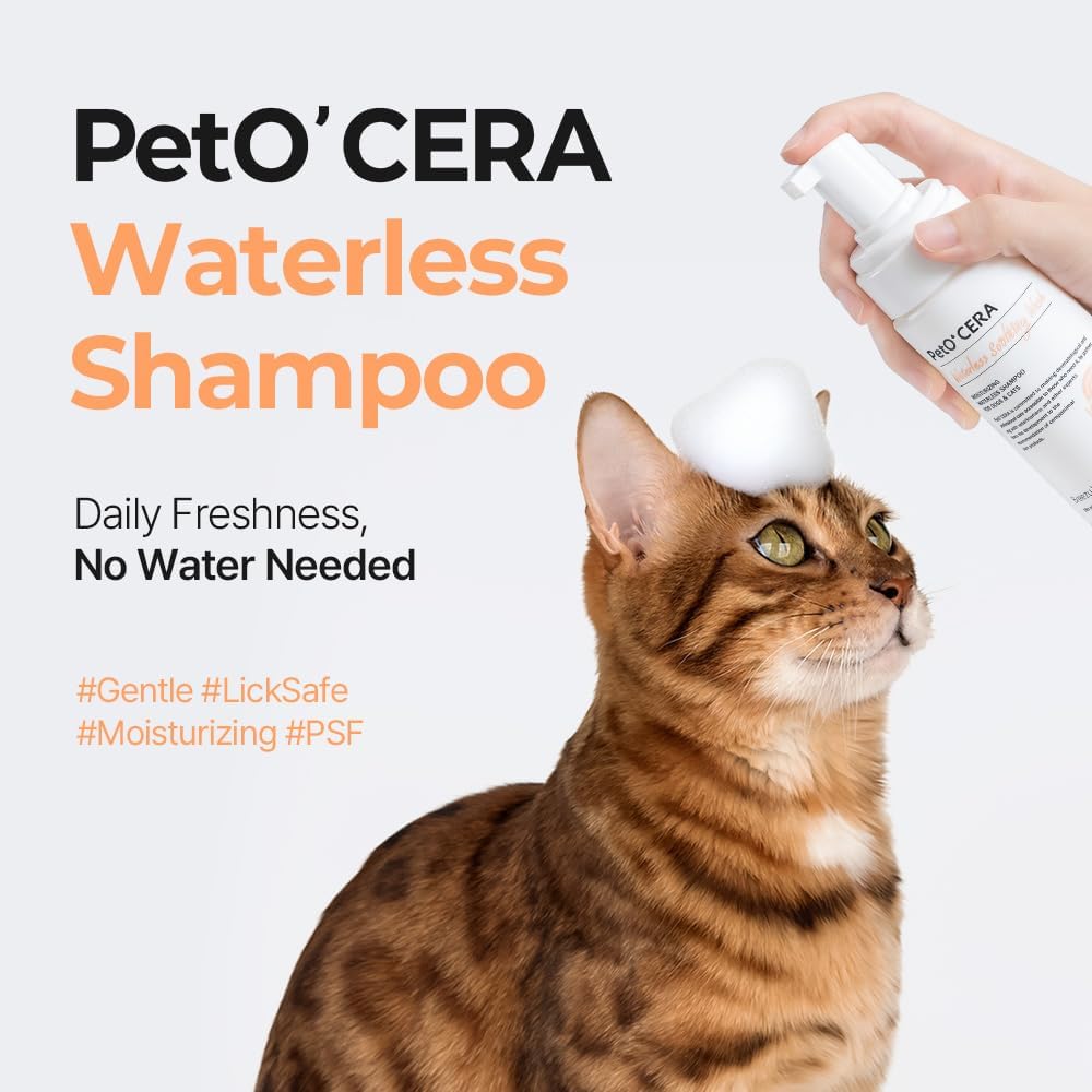 PetO’Cera Waterless Shampoo for Dogs & Cats–No Rinse Foam, Lick-Safe, Itch Relief, Detangles & Moisturizes, Hypoallergenic, Vet-Approved, 5.07oz/150ml