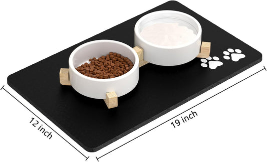 Rnivvi Dog Food Mat, 12" x 19" Footprint Absorbent Dog Cat Bowl Mat for Food and Water, Cute Anti-Slip Rubber Pet Feeding Rug Protect Floors, Puppy Placemat for Feeding & Watering Supplies, Black
