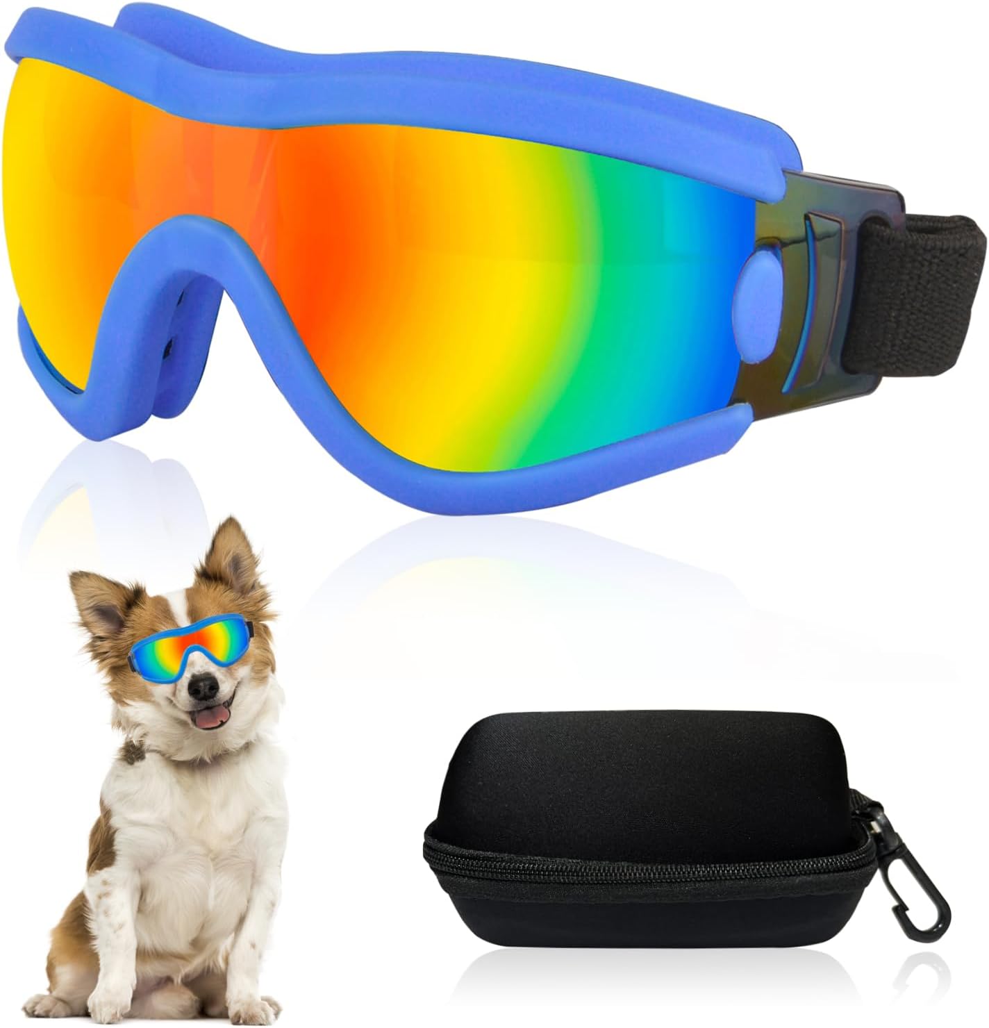 Dog Goggles Small Breed Dog Sunglasses with Adjustable for UV Protection Eyewear Doggy Doggie Puppy Glasses Anti-Fog Wind Dust Snowproof (Blue Frame Red Lens)