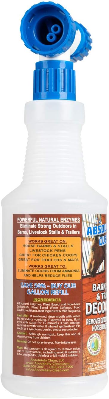 Absolutely Clean Barn, Stall, or Horse Trailer Deodorizer, Natural-Based Cleaning Spray (32oz)