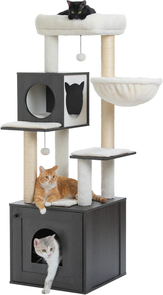 Tall Cat Tree with Litter Box Enclosure 57.5" Wooden Cat Tower for Large Cats with Cat Hammock House Bed (Pure Black)