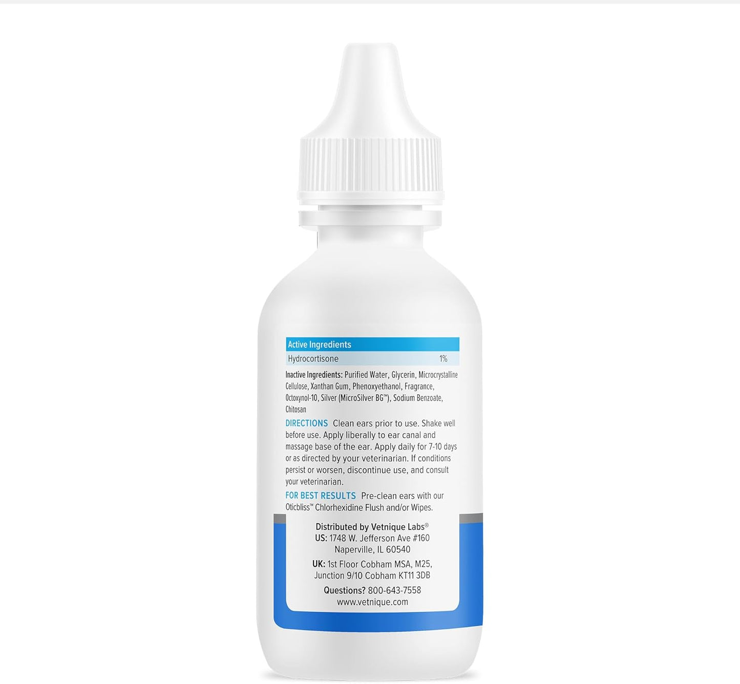 Vetnique Oticbliss Cat & Dog Ear Infection Treatment Drops - with 1% Hydrocortisone & MicroSilver BG for Dog Ear Infections - Vet Recommended Cat & Dog Ear Cleaner for Itchy Ear Relief