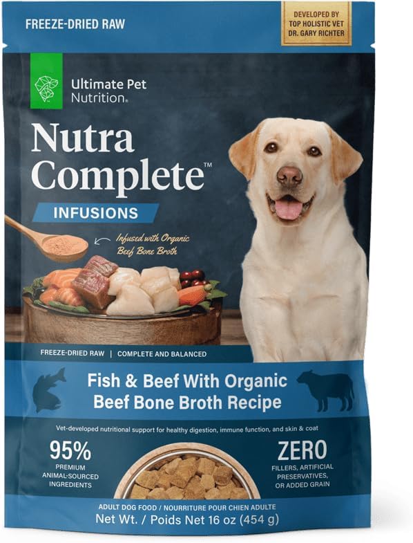 ULTIMATE PET NUTRITION Nutra Complete Bone Broth Infusions, 100% Freeze Dried Raw Veterinarian Formulated Dog Food with Antioxidants Prebiotics and Amino Acids (1 Pound, Bone Broth Fish)