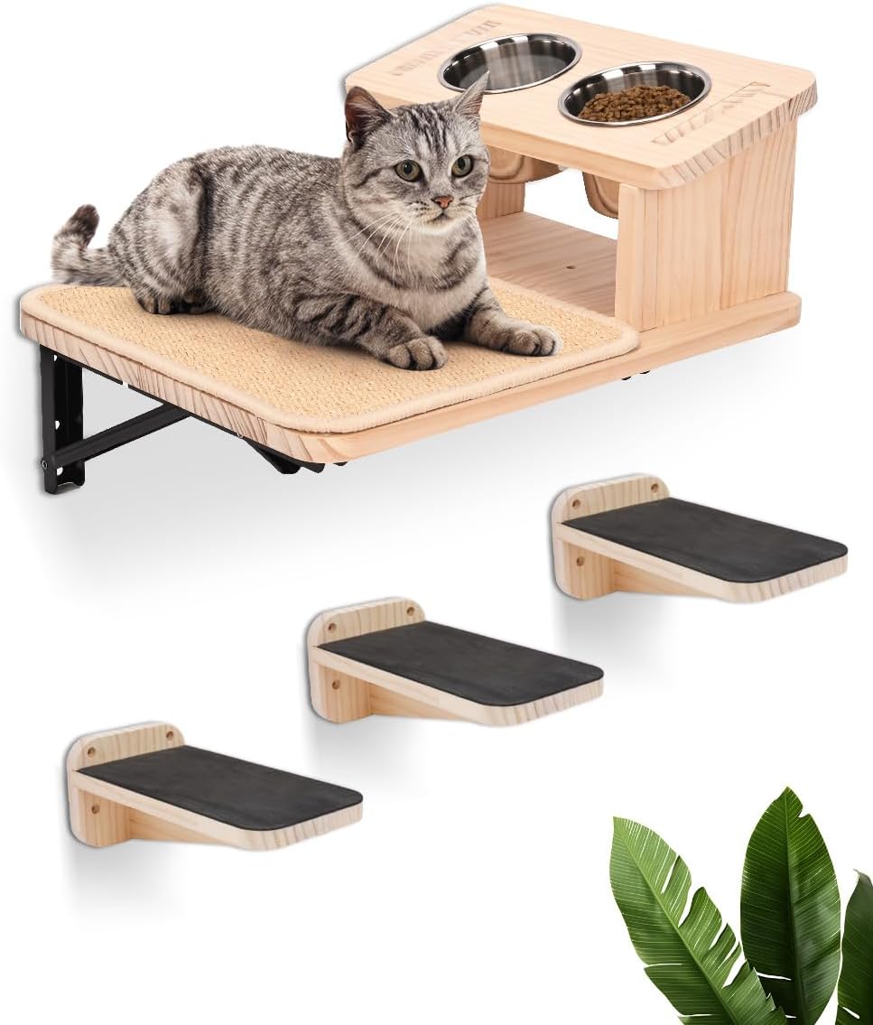 Cat Wall Shelves with 3 Cimbing Steps Wall-Mounted Cat Shelf Dogproof Feeding Bowls Station Cats Hammock and Perches for Wall Furniture Set Climber Scratching Post