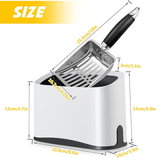 Cat Litter Scooper with Holder, Stainless Steel Cat Litter Scoop, Kitty Poop Scooper Stand for Litter Box, Cat Caddy for Litter Scoop, Fast Sifting Kitty Poop Scooper Caddy Poop Scooper Stand