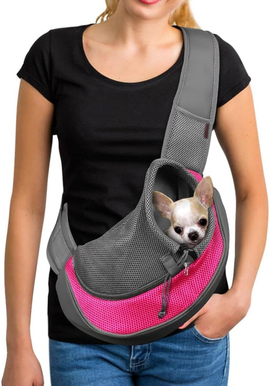 YUDODO Pet Sling Carrier for Small Dogs & Cats – Hands-Free Puppy Carrier with Safety Hook, Large Zipper Pocket, Soft Breathable Mesh, Adjustable Strap & Reflective Strip (Pink 1.0 L)