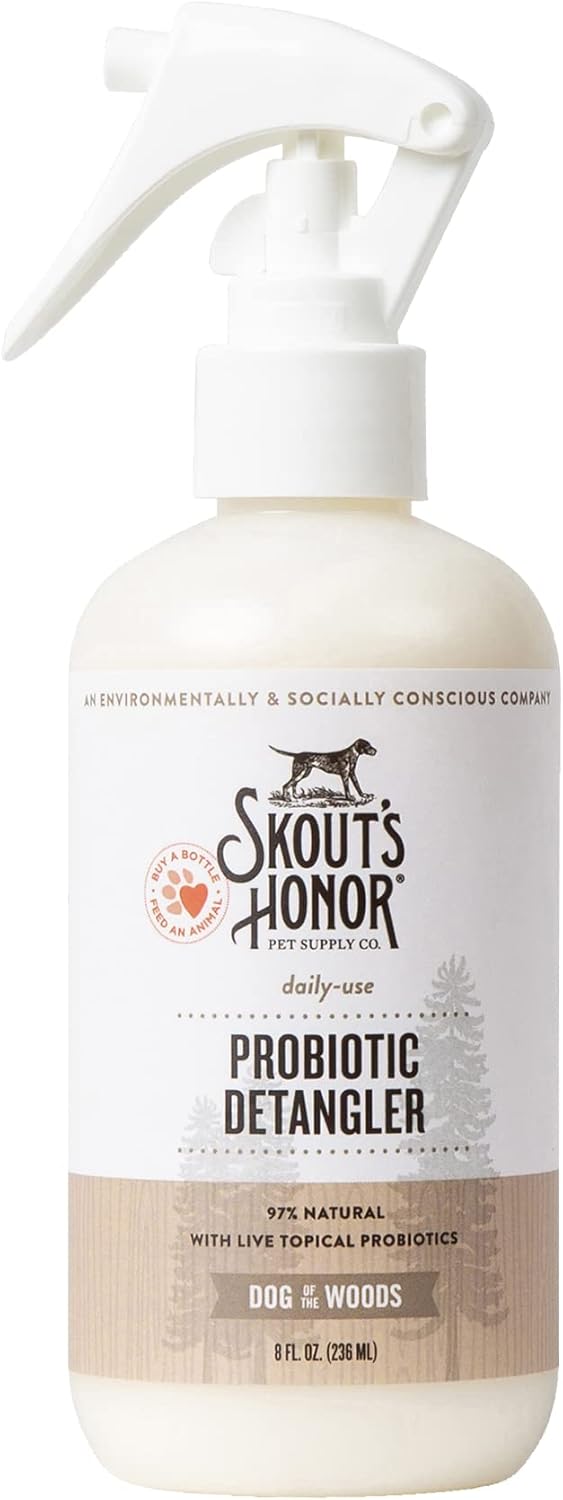 Skout's Honor Probiotic Pet Detangler Spray - Hydrating & Conditioning with Avocado Oil, 97% Natural, Paraben & Sulfate-Free, softens for a More brushable Coat, Daily Use, 8oz, Dog of The Woods
