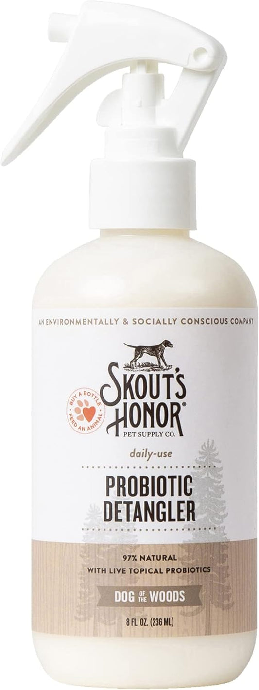 Skout's Honor Probiotic Pet Detangler Spray - Hydrating & Conditioning with Avocado Oil, 97% Natural, Paraben & Sulfate-Free, softens for a More brushable Coat, Daily Use, 8oz, Dog of The Woods
