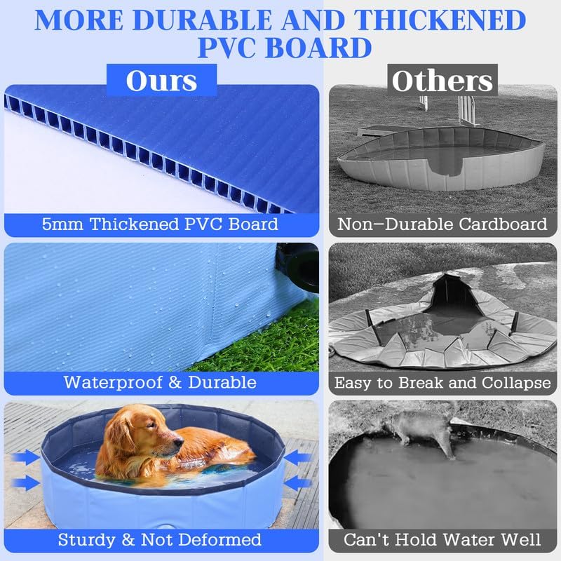 Foldable Dog Bath Swimming Pool Plastic Kiddie Pool Professional Tub Collapsible Grooming Bathtub for Pets Kids Baby and Toddler, 71 x 12 Inches Blue