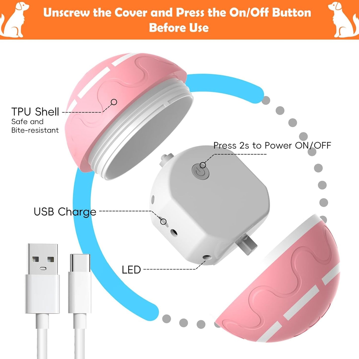 Interactive Dog Ball, Smart Interactive Dog Toys, Automatic Moving Vibrating Bouncing Pet Ball for Medium and Large Dogs, TPU Material, Rechargeable and Waterproof