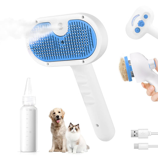 Pet Steam Brush for Dog & Cat - 3-in-1 Steam Grooming Brush for Shedding & Hair Removal - Self Cleaning Spray Comb with Mist for Long Haired Pets, Blue