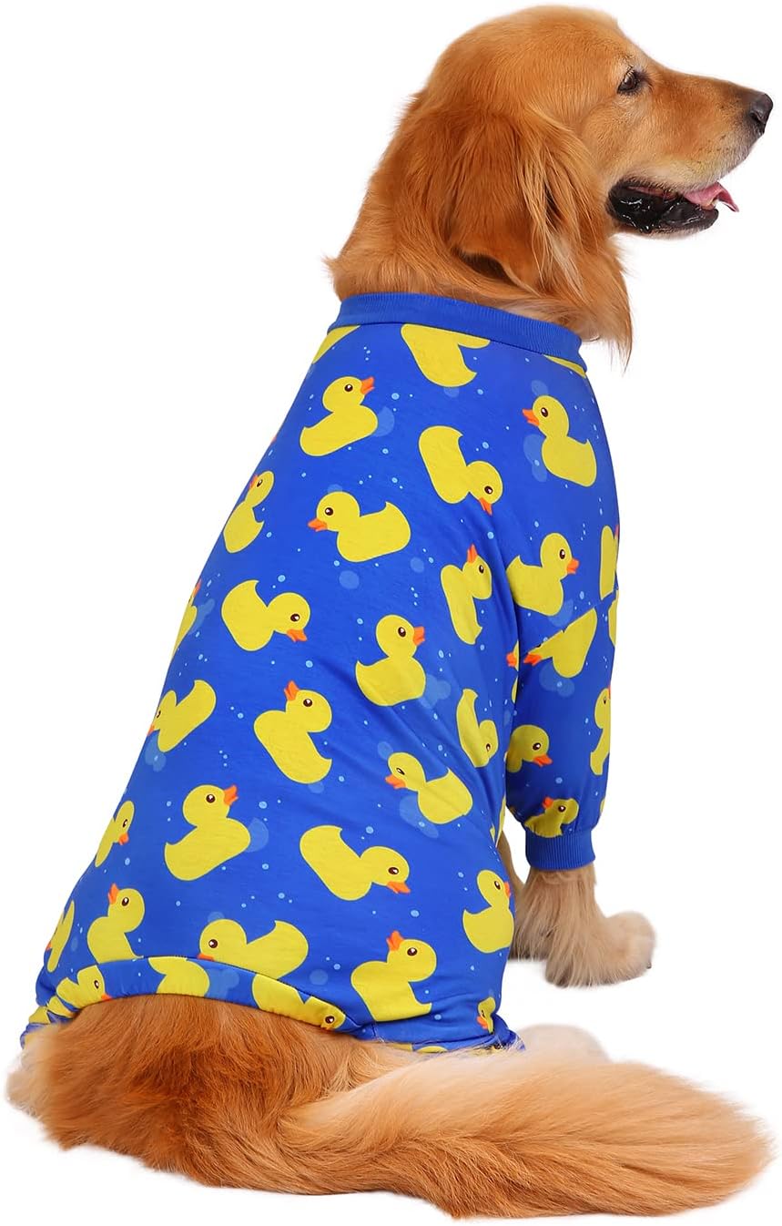 HDE Dog Pajamas One Piece Jammies Jumpsuit Pet Clothes Outfit Stretchy Lightweight Comfy Shirt Pjs for M-3XL Dogs Ducks Blue - 3XL