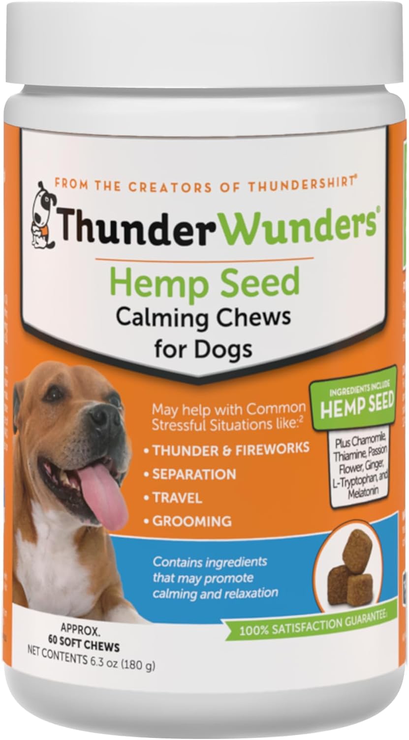 ThunderWunders Hemp Dog Calming Chews | Vet Recommended for Situational Anxiety | Fireworks, Thunderstorms, Travel & More | Made with Hemp Seed, Thiamine, L-Tryptophan, Melatonin & Ginger (60 Count)