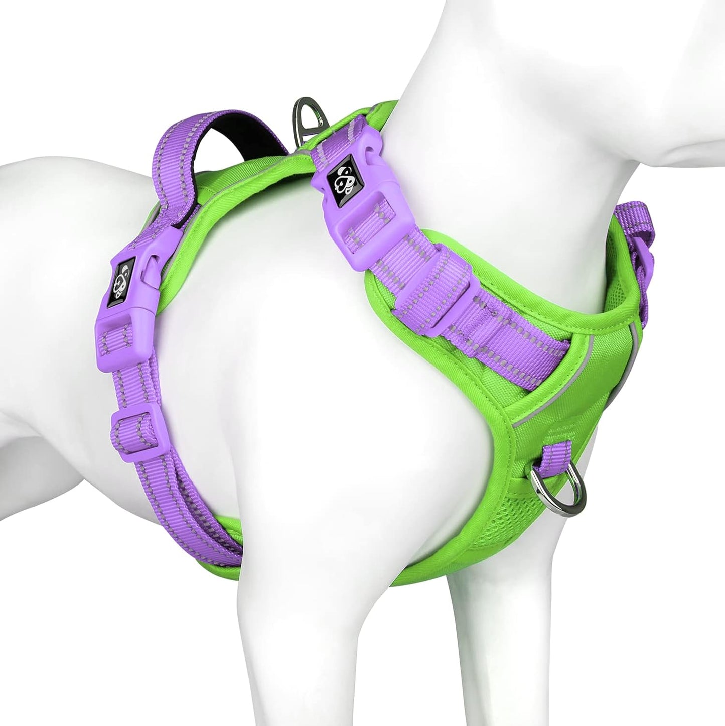 PHOEPET No Pull Dog Harness, Unique Colors Reflective Adjustable Dog Vest, with Soft Training Handle Metal Clips for Small Medium Large Dogs (Green Base & Purple Straps,XL)