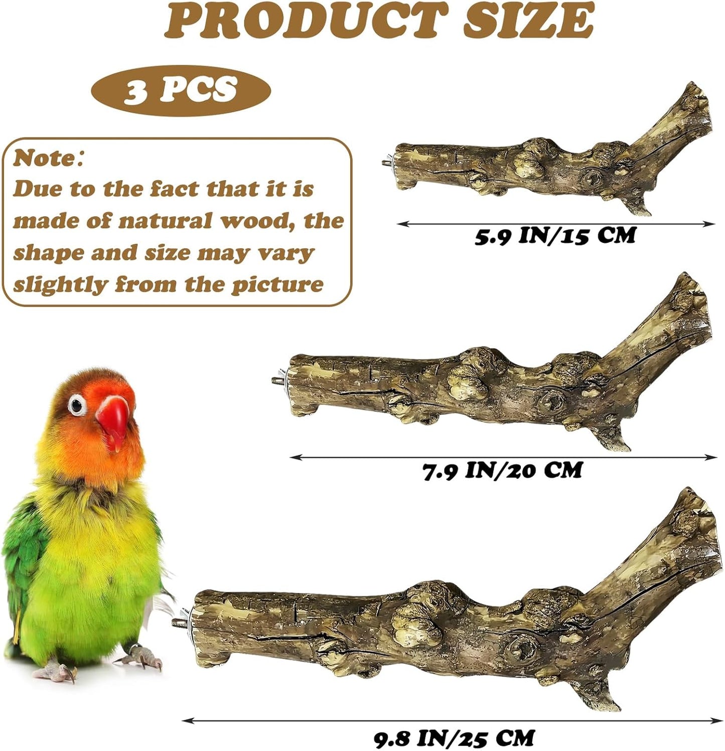 PINVNBY 3 Sizes Natural Bird Perches Wooden Parakeet Perches Bird Perches for Cage Parrot Chewing Stick Paw Grinding Exercise Training Bird Cage Accessories for Budgies Conures Cockatiels Lovebirds