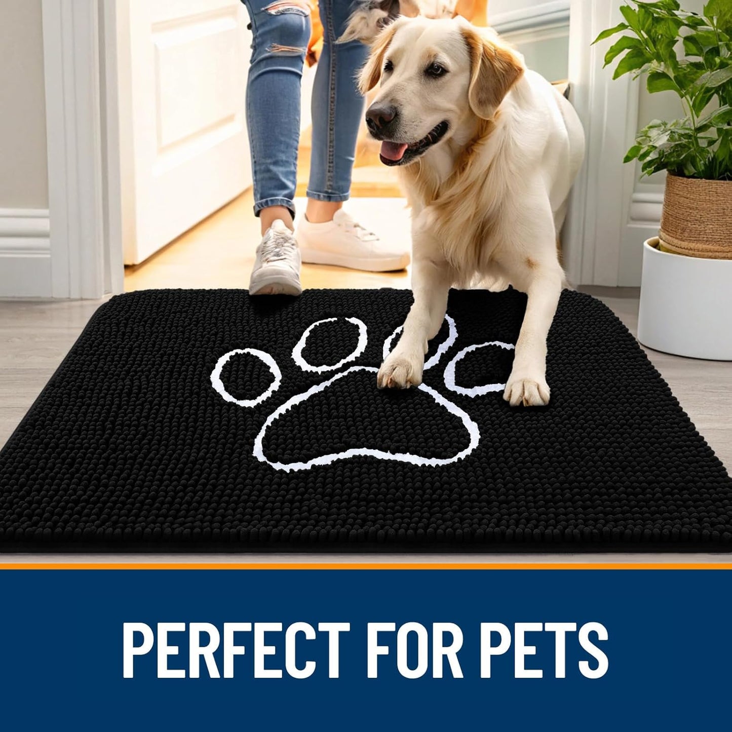 OLANLY Door Mat for Muddy Dog Paws 30x20, Ultra Absorbent Chenille Mud Doormat with Paw Print Design, Non-Slip Washable Doormat for Indoor Entryway, Quick-Dry Pet Bed Mats for Dirty Dogs, Black