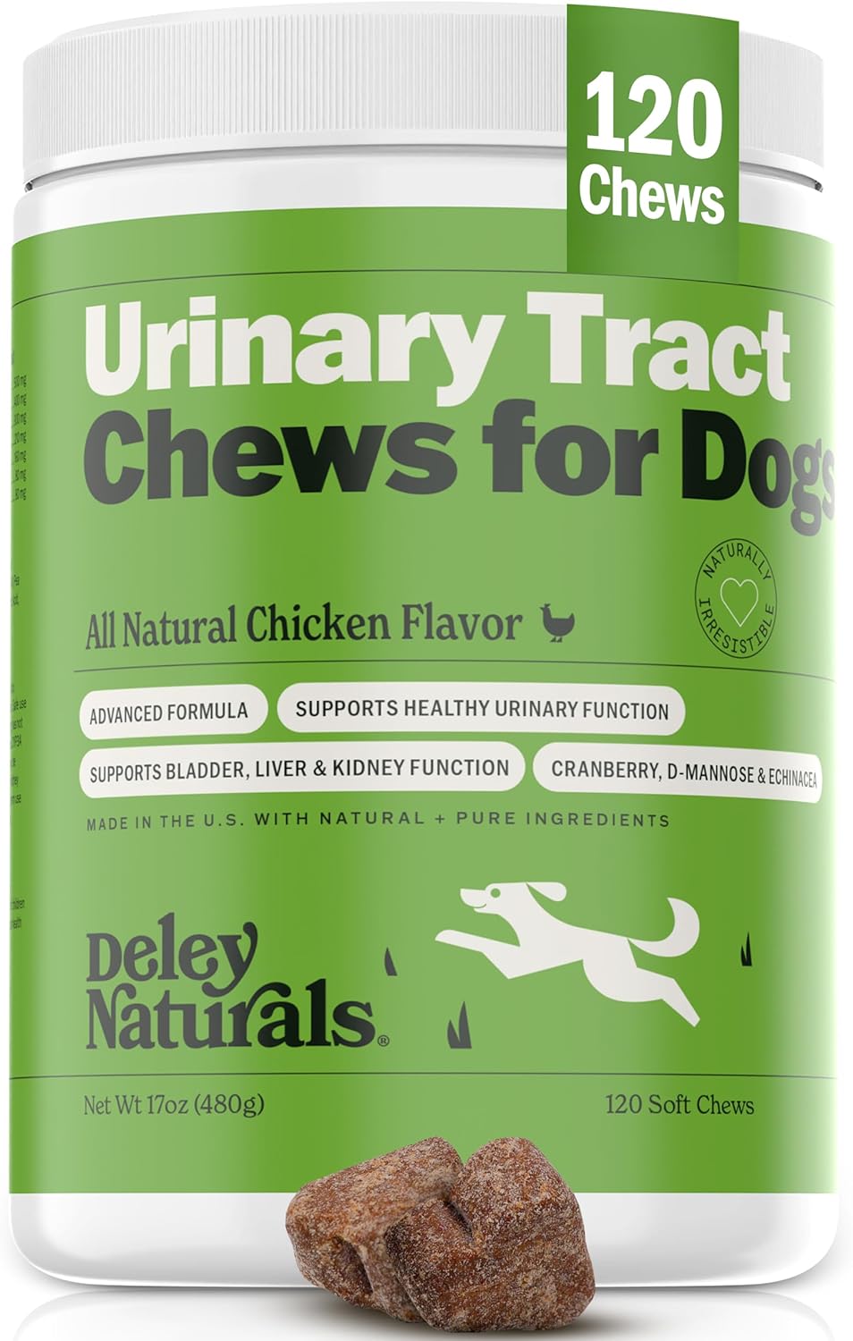 Deley Naturals Dog UTI Chews - Vet-Grade Cranberry Supplement for Dogs with D-Mannose & Echinacea for Bladder & Urinary Tract Health - Urinary Tract Supplements for Small to Large Breeds - 120 Chews