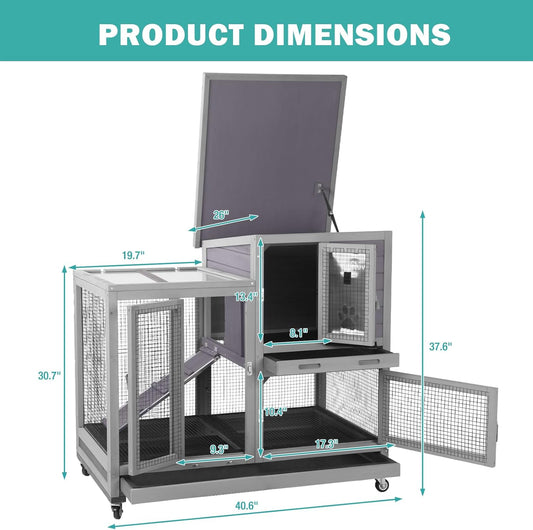 Rabbit Hutch Indoor for 2-4 Rabbits & Guinea Pigs，Bunny Cage with Slide-Out Plastic Trays，Wooden Small Animal Cage for Rabbits, Bunnies, and Guinea Pigs (Light Grey)