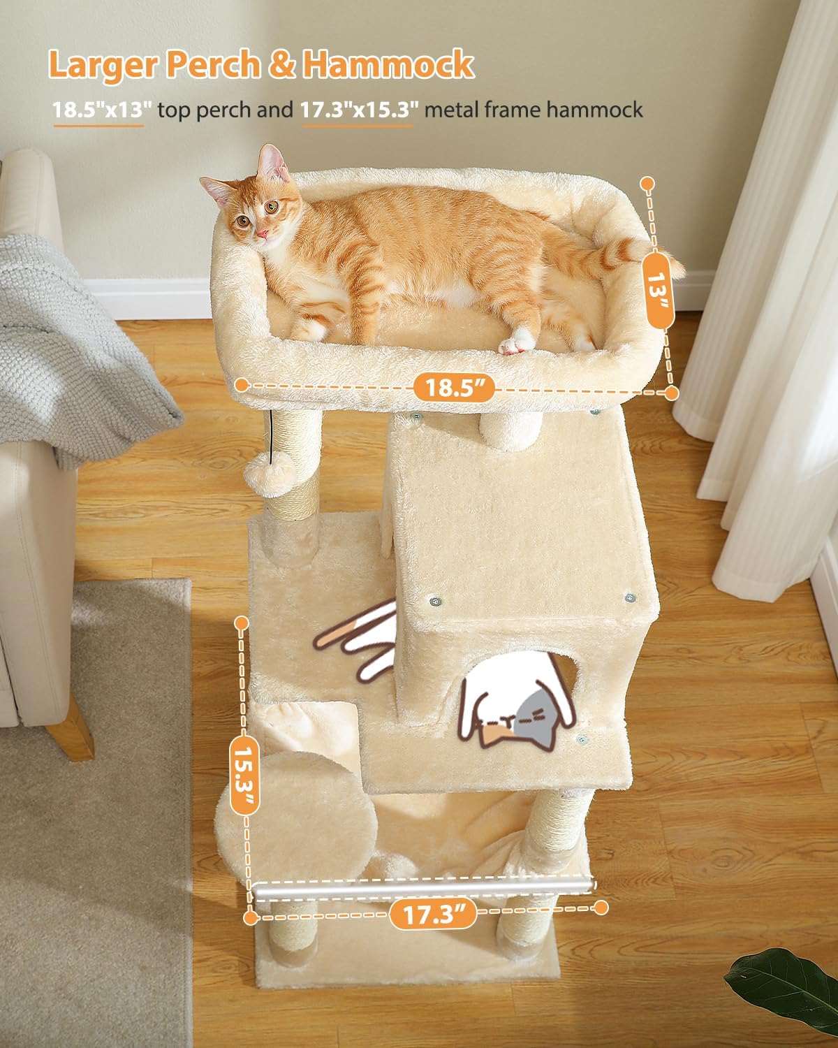 PETEPELA 45.7" Cat Tree for Indoor Cats, 5-Level Cat Tower for Large Cats with Metal Frame Large Hammock (17.3"x15.3"), Cat Condo with (18.5"x13") Big Top Perch & 4 Sisal Covered Scratching Post Beige
