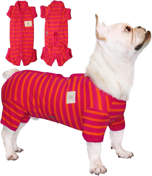 TONY HOBY Female/Male Dog Pajamas, Dog Jumpsuit 4 Legged Pajamas with Stripes, Soft Cotton for Comfortable Sleep (Rose Red&Orange, Boy, XL)