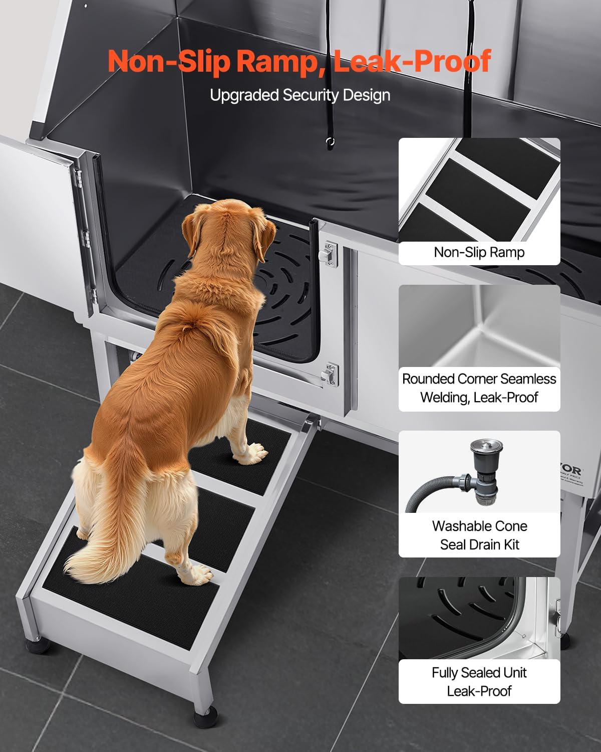 VEVOR Stainless Steel Dog Washing Station, Professional 62 inch Pet Grooming Tub w/Ramp, PE Water Filter Board, Faucet & Showerhead & Soap Holder Bathtub for Large & Medium & Small Pets (Left Door)