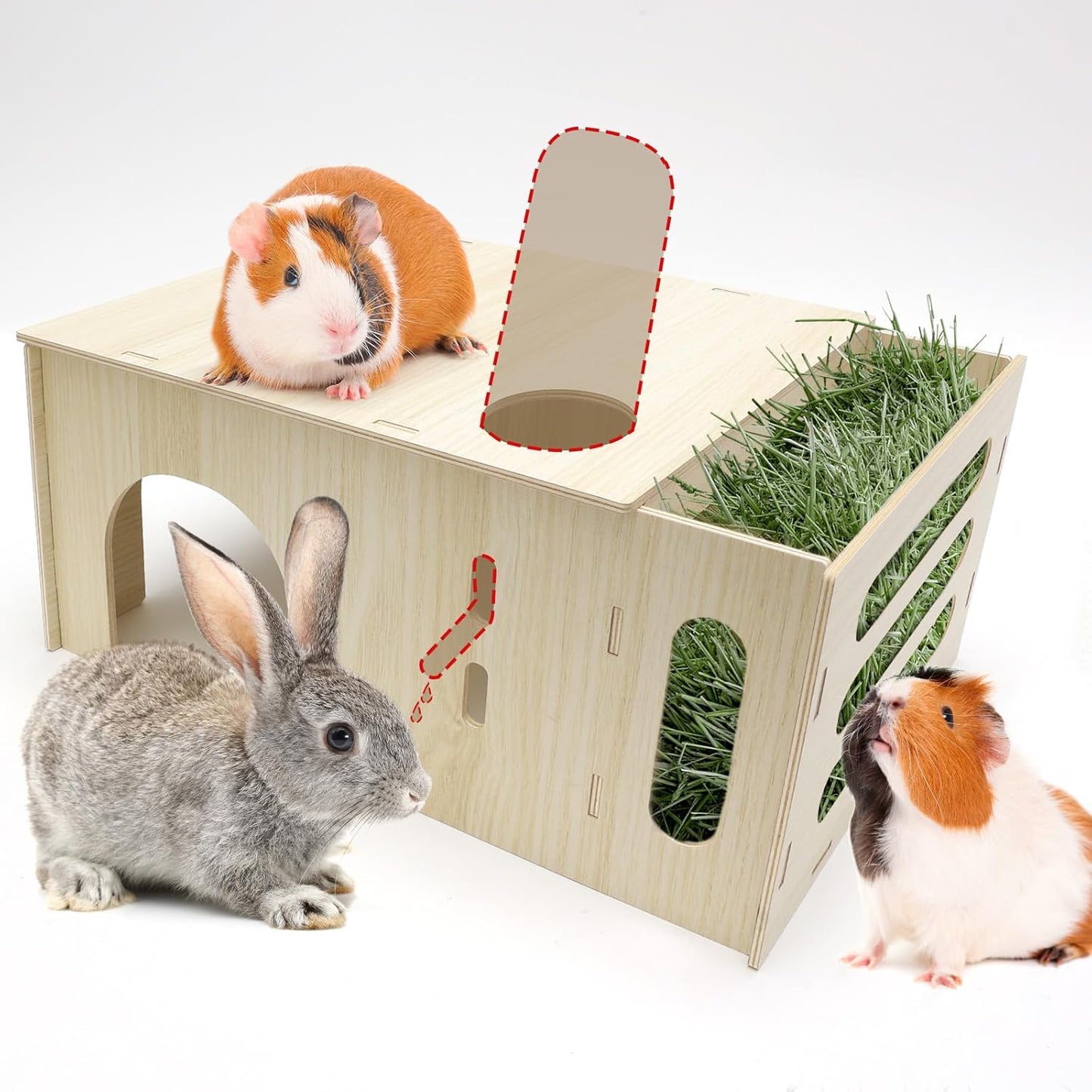 Guinea Pig Hideout Castle with Hay Feeder, Wooden Chinchilla House and Hay Rack, Small Animals Habitats Hut Accessories for Bunny, Rabbit, Hedgehog Playing Hiding, Easy Assembly