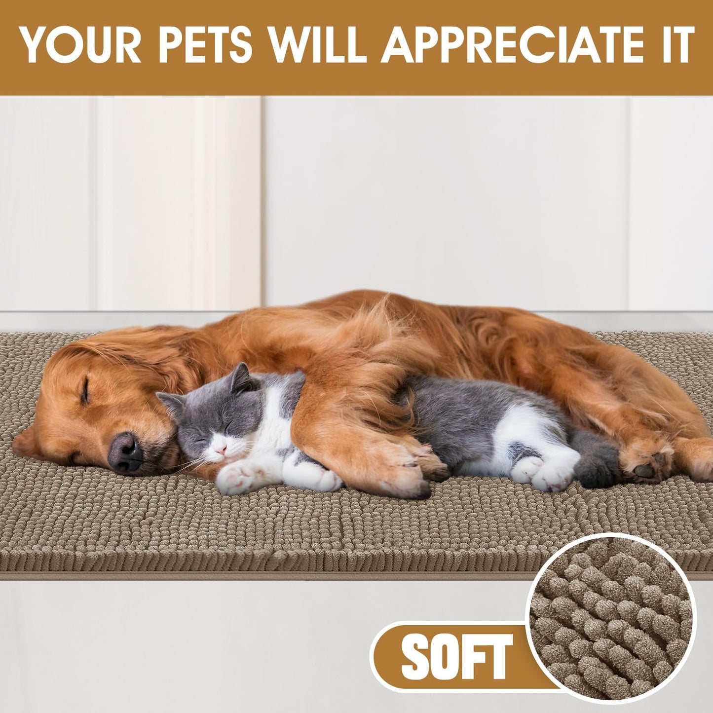 Dog Door Mats for Muddy Paws, Chenille Absorbent Door Mats, Non Slip Heavy Mud Mat for Dogs, Soft Indoor Door Mat for Entryway, Mud Paws, Inside Floor,30" X 20", Beige