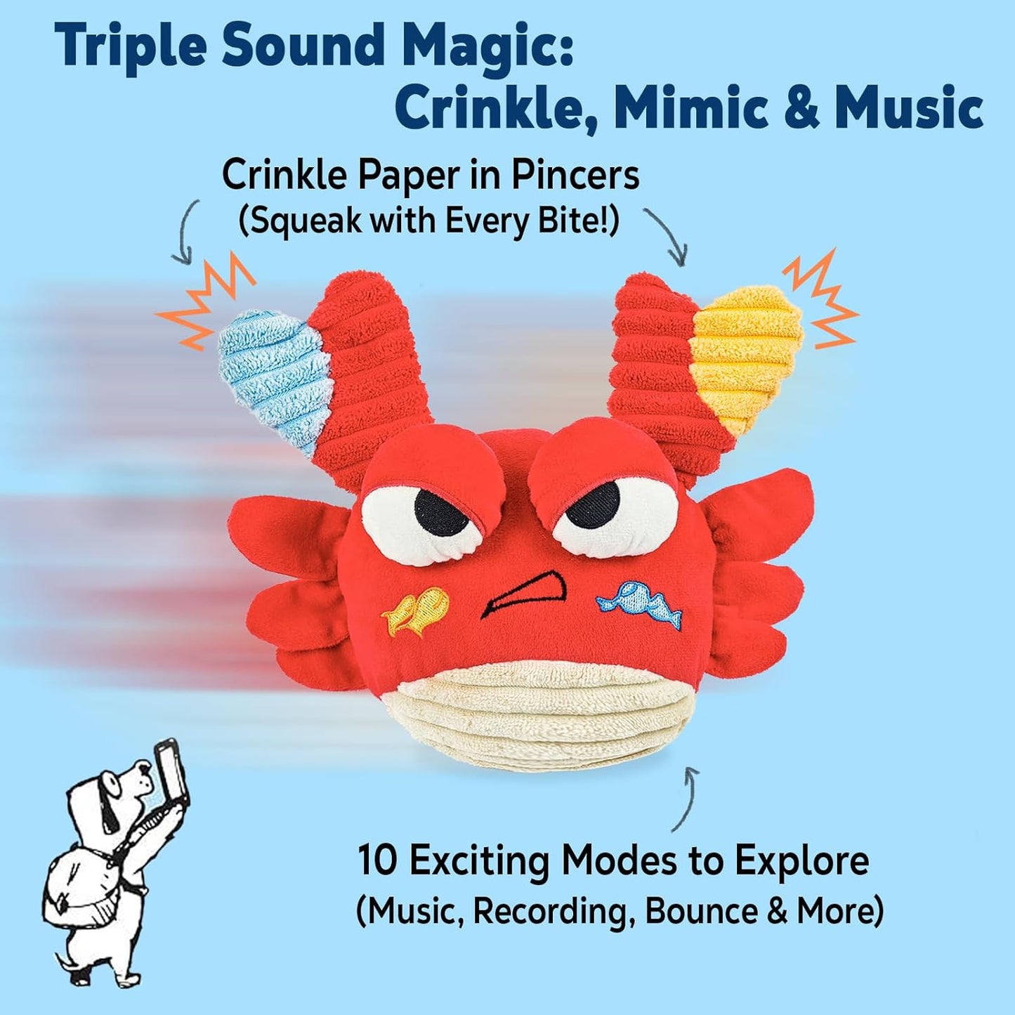 Interactive Dog Toys - Bouncing Crab with Music and Recording, Moving Ball for Small/Medium/Large Puppy to Keep Them Busy for Boredom, Smart Motion Activate Pet Toy, Rehargeable (Angry-Looking)