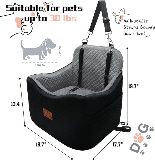 Dog Car Seat for Small Medium Dogs-Safety and Comfy Pet Booster Carseats with 2 Clip-On Satebelt & Storage Pockets,Washable and Detachable Puppy Car Seat for Dogs up to 30 lbs.(H-Black/Grey)
