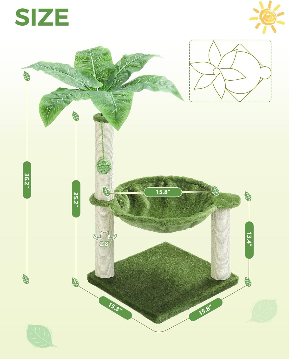 Small Cat Tree, 28" Cat Tower with Sisal Scratching Posts and Coconut Leaves for Indoor Small Cats, Large Hammock and Dangling Ball for Kittens, Green