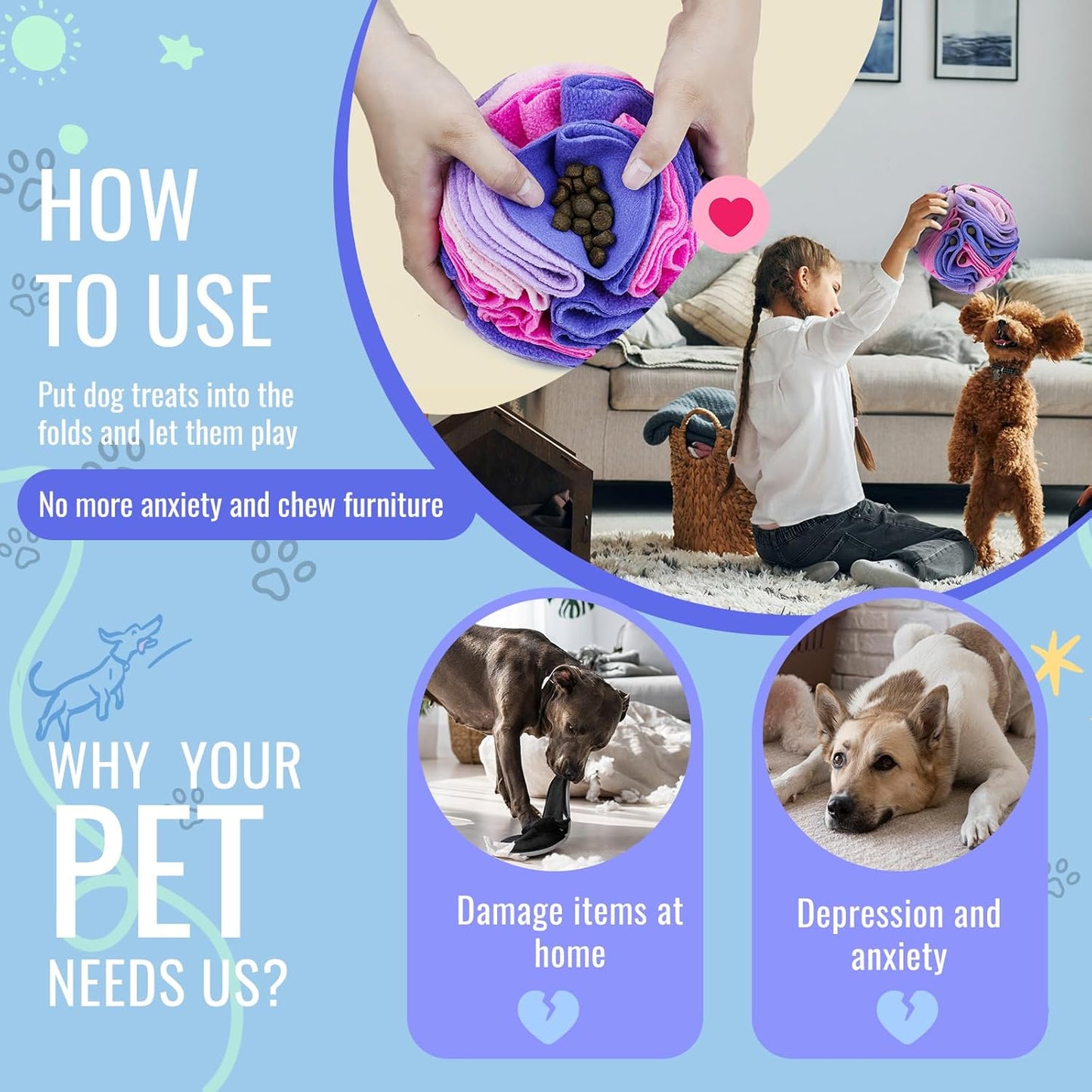 Pet Snuffle Ball, Puzzle Sniffing Interactive Dog Ball for Blind Dogs Training Stress Relief Dog Enrichment Toys Treat Machine Washable (20cm, Pink and Purple)