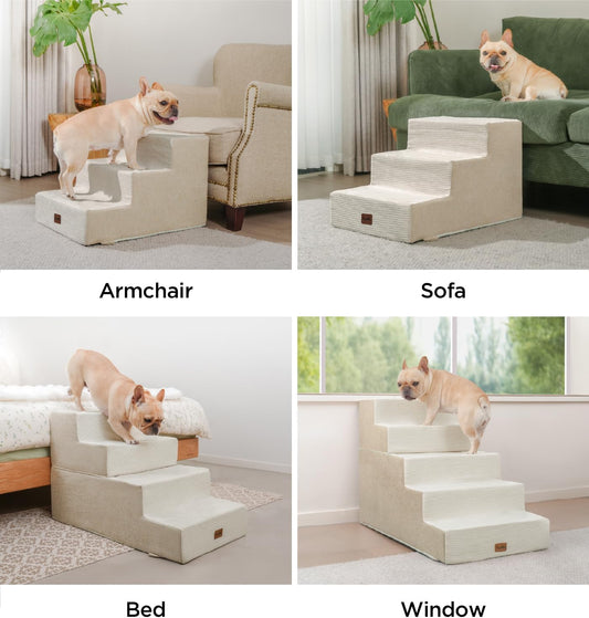 Made4Pets Dog Stairs for Small Dogs, Extra Wide Dog Steps for Bed Couch Sofa and Chair, 35D Foam Pet Steps for Small Dogs and Cats, Non-Slip Bottom Pet Stairs, Beige, 3 Steps