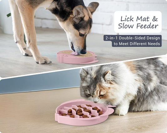 Coomazy 2-in-1 Silicone Slow Feeder Dog Cat Bowls, Lick Mat Interactive Puzzle Toy for Pets Dry/Wet Food Training, Keeps Dogs Cats Busy, Prevents Puppy Kitty Overeating (Pink, 1.2 Cup)