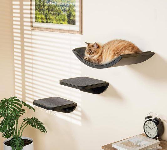 Gray Cat Wall Shelf with Grey Sisal Mat, Curved Cat Bed for Scratching and Resting, Wall Mounted Hammock for Large Cats
