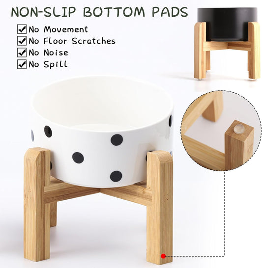 Petygooing Elevated/Raised Ceramic Dog Bowl for Small Breeds, Dog Food Water Dish with Stand,Pet Feeding Bowl with Anti Slip Rubber for Cats and Small Dogs Puppy 13.5 OZ (5.1In / 1.7 Cups) Black Dot