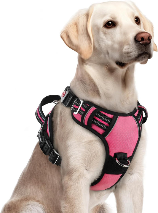 rabbitgoo Dog Harness for Large Dogs, No Pull Pet Vest with 3 Buckles, Adjustable Soft Padded Pet Harness with Easy Control Handle and Reflective Strips, Pink, L