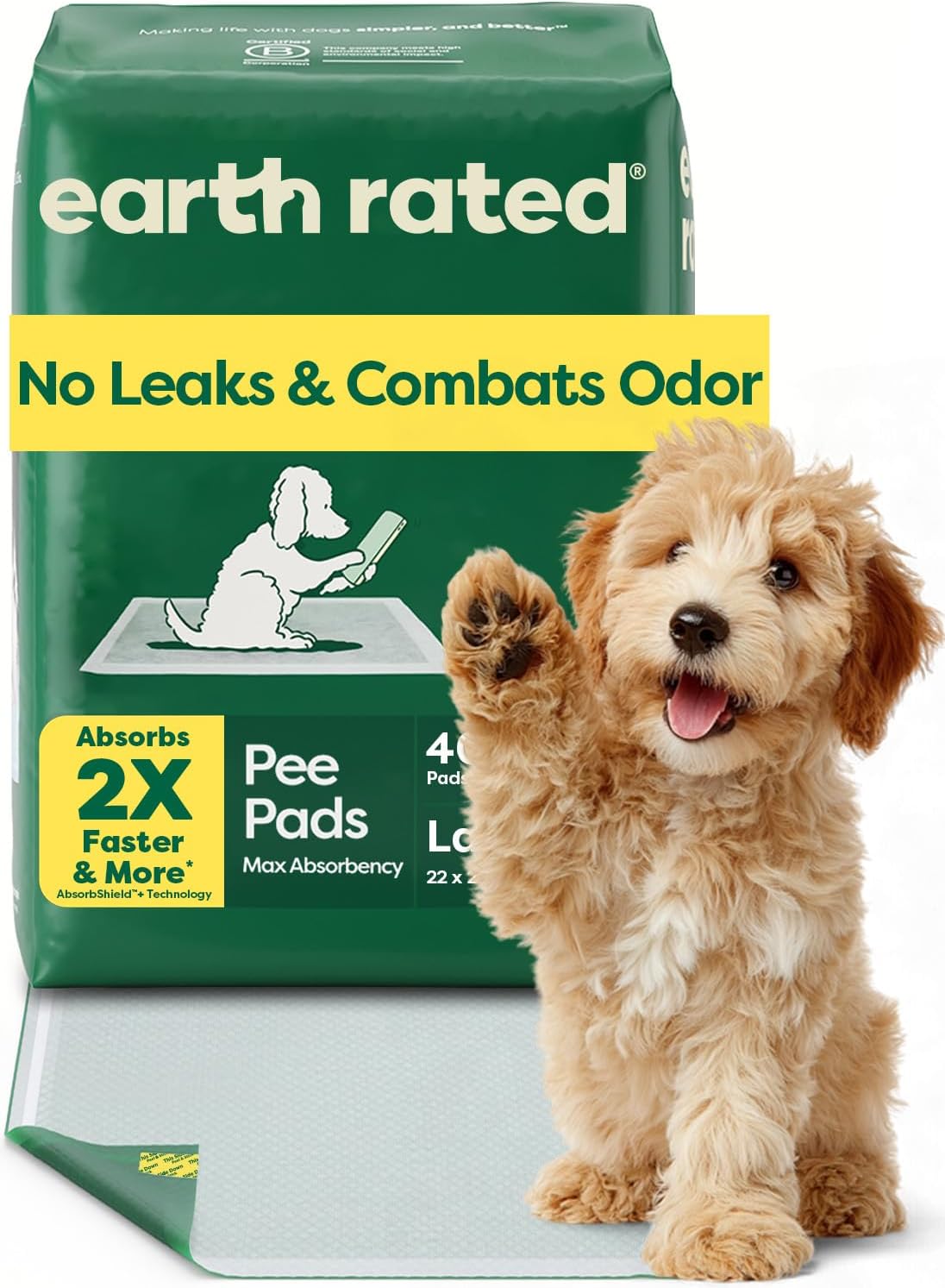 Earth Rated Max Absorbency Puppy Pee Pads for Dogs Absorbs 2X Faster & 2X More, Leak-Proof, Odor Control Potty Training, Unscented, Large, 22” x 23”, 40 Count