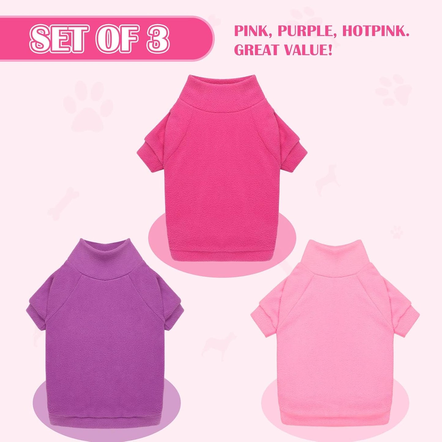 3 Pack Dog Sweater Fleece Pet Clothes Turtleneck Soft Warm Sweatshirt Dog Sweaters for Small Dogs Sweaters for Medium Dogs Boy Girl Pet(Pink+Hotpink+Purple,S/M)