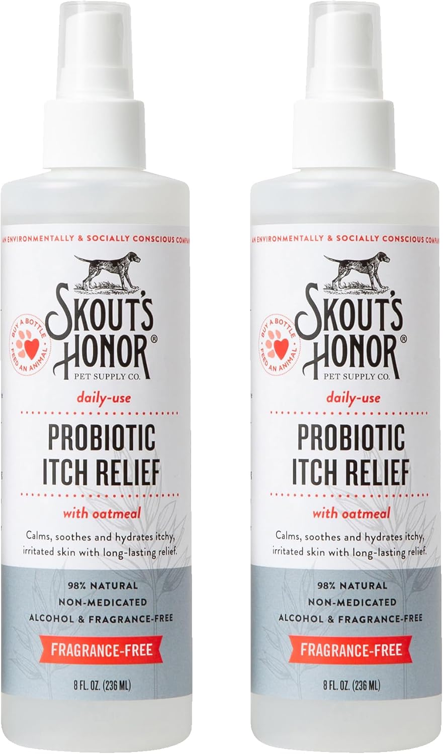 SKOUT'S HONOR Probiotic Itch Relief Spray for Pets - Non-Medicated, Fragrance-Free, Natural, Vegan, Long-Lasting Relief, with Soothing Aloe & Avocado Oil, 8 oz, 2-Pack
